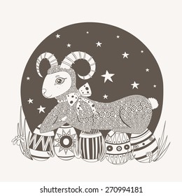 Lamb with bow lying beside painted Easter eggs on background of the sky.