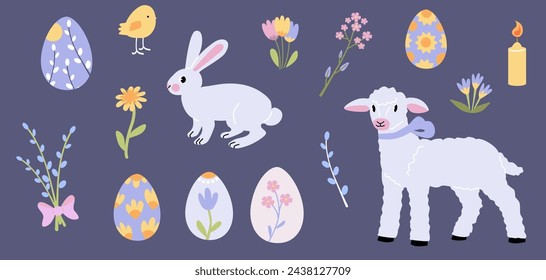 Lamb, bunny, Easter eggs and flower illustration. Easter animals vector set on dark blue background. Design for greeting card or invitation