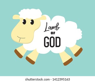 lamb cartoon with christian words "Lamb of god" on green background vector illustration 