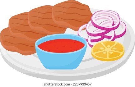 Lamb Chapli Kabab concept, patty bite with seasonal vegetables and ketchup vector icon design, Fast Food symbol, Junk food sign, popular inexpensive good taste snacks stock illustration 