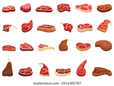 Lamb chop icons set cartoon vector. Meat product. Cooking raw grilled