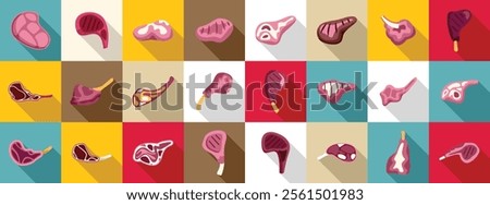 Lamb chop icons set. Collection of colorful icons representing different cuts of grilled lamb, ideal for menus, recipes, and food related content