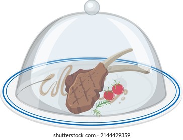 Lamb chop and tomatoes on plate with glass cover on white background illustration