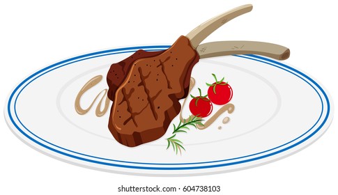 Lamb Chop And Tomatoes On Plate Illustration