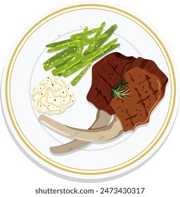 Lamb chops, asparagus, and mashed potatoes on plate