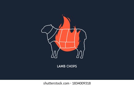 Lamb Chops. Barbecue, Butchery Logo. Sheep Silhouette With Fire, Flame. Butcher's Diagram Template. Restaurant Menu Design. Vector Illustration