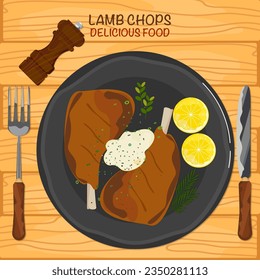 lamb chops on a plate, top view, isolated on wood grain background illustration vector.