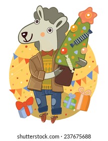 Lamb with a Christmas tree. 