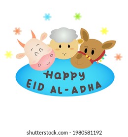 Lamb cow camel cartoon with handwriting happy eid Al adha
