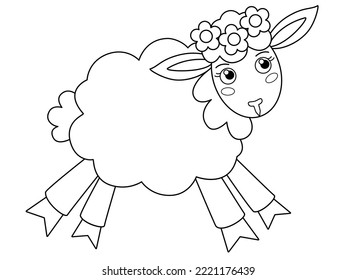 Lamb, Cute little sheep with wreath - vector linear picture for coloring. Outline. Running Sheep for children's coloring book