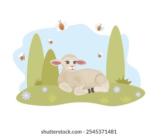 Cordero. Un lindo cordero está acostado en un prado con flores, las abejas están volando alrededor. Una ilustración para niños y una Imagen de un cordero en la hierba. Vector