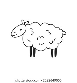 Lamb Doodle Illustration. Cute hand drawn sheep outline vector. Woolen product sign, childish adorable animal, wool symbol.