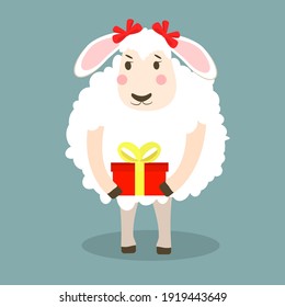 a lamb with a gift in a red box in his hands. Vector illustration for children's holiday, birthday and New year