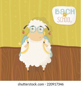 Lamb with glasses and a backpack on his shoulders. Back to school. Vector illustration. 