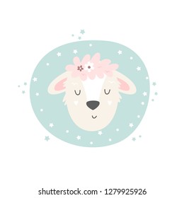 Lamb hand drawn face. Vector character. Baby print, textile, book, baby shower template card