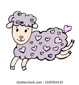 Lamb. Hand-drawn vector illustration of little grey sheep with heart illustration. Scandinavian style. Cartoon. Clip art animal. Trendy children illustration. Isolated on white. Valentines Day.