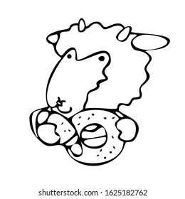 The lamb is holding bread. Bakery and bread logo for the bakery. For signboards, logos, branding, labels, product packaging. Outline line. Vector