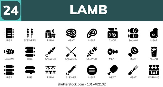lamb icon set. 24 filled lamb icons.  Collection Of - Ribs, Skewers, Farm, Meat, Chop, Salami, Skewer, Kebab, Farming