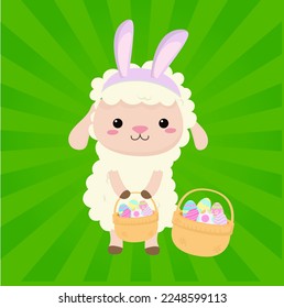  Lamb illustration holding basket of eggs. Sheep with bunny ears and basket decorated egg celebrating easter.vector illustration. green spiral background