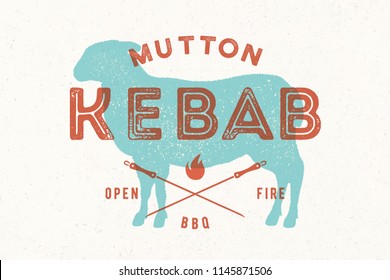 Lamb, kebab. Vintage logo, retro print, poster for Butchery meat shop with text, typography Kebab, Mutton lamb silhouette. Logo template for meat shop, restaurant, menu, kitchen. Vector Illustration