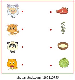 Lamb, kitten, panda and fox with their food (meat, milk, bamboo and cabbage). Game for children: make the right choice and connect the dots