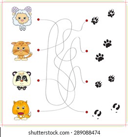 Lamb, kitten, panda and fox with their tracks. Game for children: go through the maze and find the right answer