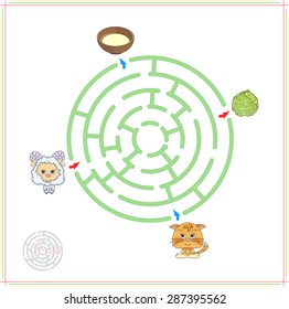 Lamb and kitten with their food (milk and cabbage). Game for children: go through the maze and find the right answer