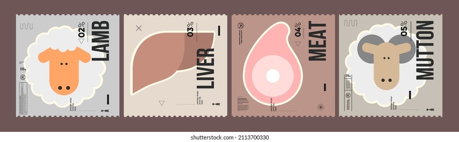 Lamb, liver, meat, mutton. Farmer's products. A set of vector labels in a modern, minimalist style. Geometric icons and elements. 