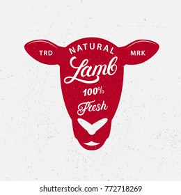 Lamb logo, label, print, poster for butcher shop, farmer market, groceries, meat stores. Red sheep head silhouette. Lamb, fresh hand written lettering words. Vintage style. Vector illustration