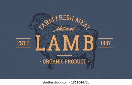 Lamb logo. Sheep isolated on dark blue background. Sheep silhouette. Lamb meat vintage logo. Emblem for butcher shop, steak house, restaurant. Vector illustration