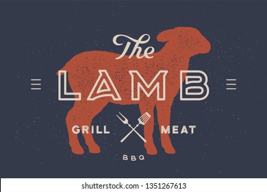 Lamb. Logo with lamb or sheep silhouette, text Lamb, grill meat, bbq. Typography lamb for farm meat business - shop, market. Vintage typography. Vector Illustration