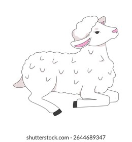 Lamb lying down in peaceful pose 2D cartoon character. Innocence. Pastoral gentle creature. Cute little sheep with soft white wool flat vector animal isolated on white. Spot illustration colorful