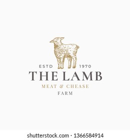 The Lamb Meat and Chease Farm Abstract Vector Sign, Symbol or Logo Template. Hand Drawn Little Sheep Sillhouette with Retro Typography. Vintage Luxury Vector Emblem. Isolated.