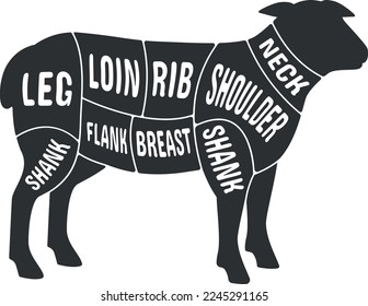 Lamb meat cut scheme. Butcher black diagram isolated on white background