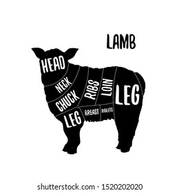 Lamb meat cutting charts vector illustration for butchers shop guide. Label for farm design