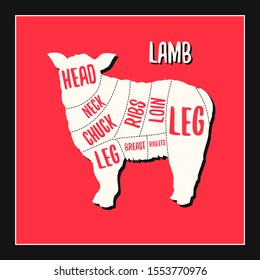 Lamb meat cutting charts vector illustration for butchers shop guide. Label for farm design