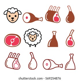 Lamb meat, leg of lamb, lamb shanks and ribs icons set 