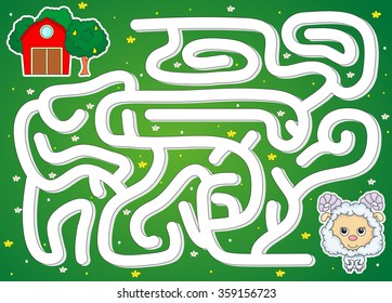 The lamb must find the way to the barn. Game for kids: go through the maze and find the right answer. Vector illustration