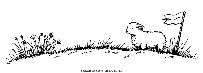 lamb on grassy hill with flag in hand-drawn line art style