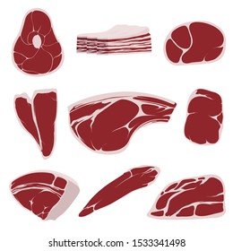 Lamb, pork beef, and other meat pictures in flat style. Steak of beef, raw pork meat.