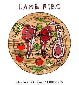 Lamb Ribs Chops with Herbs, Lemon, Tomato, Parsley, Thyme, Pepper. On a Round Wooden Cutting Board. Meat Guide for Butcher Shop or Steak House Restaurant Menu. Hand Drawn Illustration. Doodle Style.