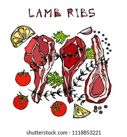 Lamb Ribs Chops with Herbs, Lemon, Tomato, Parsley, Thyme, Pepper. Meat Guide for Butcher Shop or Steak House Restaurant Menu. Hand Drawn Illustration. Doodle Style.
