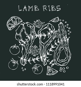 Lamb Ribs Chops with Herbs, Lemon, Tomato, Parsley, Thyme, Pepper. Black Board Background and Chalk. Restaurant Menu. Hand Drawn Illustration. Doodle Style.