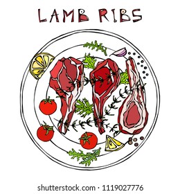 Lamb Ribs Chops with Herbs, Lemon, Tomato, Parsley, Thyme, Pepper. On a Round Plate. Meat Guide for Butcher Shop or Steak House Restaurant Menu. Hand Drawn Illustration. Doodle Style.