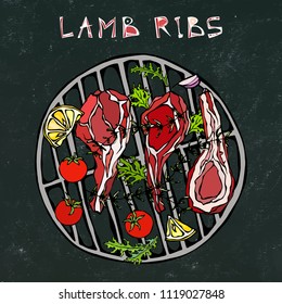 Lamb Ribs Chops with Herbs, Lemon, Tomato, Parsley, Thyme, Pepper. On a Round Grill BBQ. Meat Steak House Restaurant Menu. Hand Drawn Illustration. Doodle Style. Black Board Background and Chalk.
