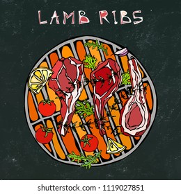 Lamb Ribs Chops with Herbs, Lemon, Tomato, Parsley, Thyme, Pepper. On a Round Grill BBQ. Meat Steak House Restaurant Menu. Hand Drawn Illustration. Doodle Style. Black Board Background and Chalk.