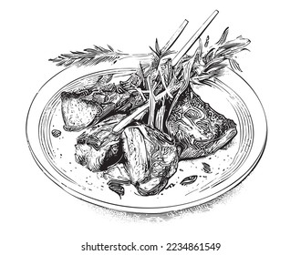 Lamb ribs on a plate hand drawn sketch Latin American food Restaurant business concept.