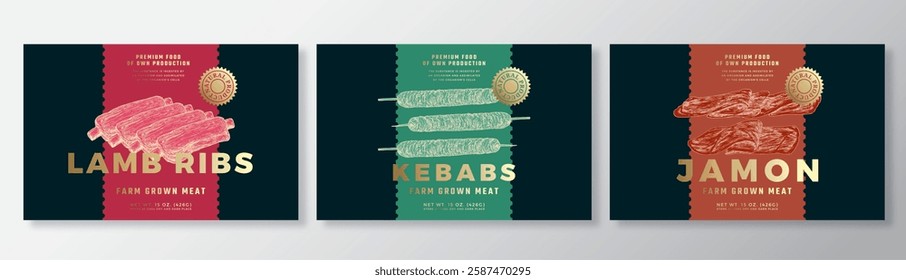 Lamb Ribs, Pork Kebab, Jamon Vector Packaging Label Design Templates Set. Product Banner, Hand Drawn Meat, Beef and Poultry Sketches. Food Background Layout with Gold Foil Isolated