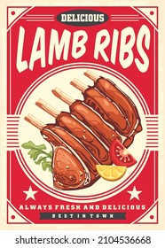 Lamb Ribs Vintage Poster Menu For Restaurant Or Diner. Retro Food Flyer. Vector Ad Illustration On Red Background.