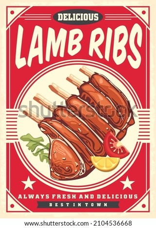 Lamb ribs vintage poster menu for restaurant or diner. Retro food flyer. Vector ad illustration on red background.